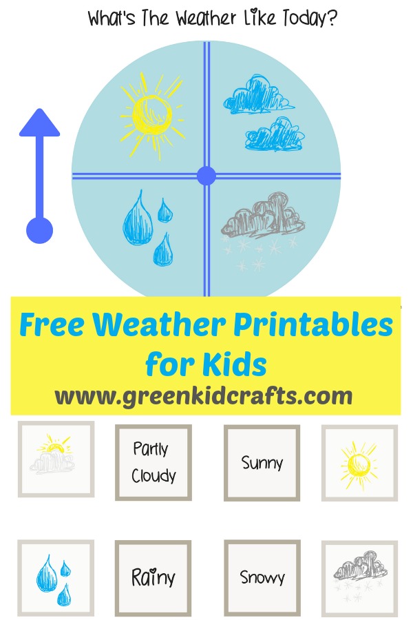 Free weather printables for kids. Check the weather each day and set your weather spinner to todays weather, match terms and pictures with weather vocabulary, and draw weather with weather with these weather activities for kids.