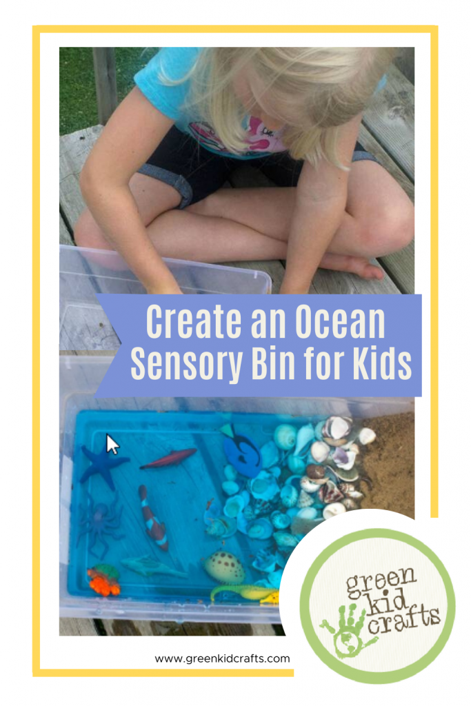 Ocean themed sensory bin for kids. Play with shells, water and other textured objects with this fun ocean themed sensory tub.